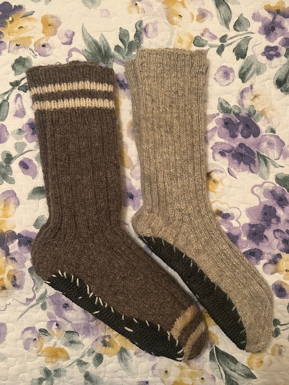 Hand Knit Wool Warm & Cozy Cabin Socks / Slippers with Soles • 2 PAIRS • Size L